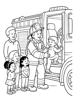 Free printable Firefighter Helping Child Into Fire Truck coloring page