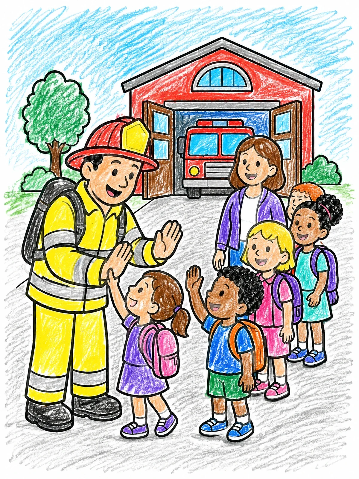 Colored example of the Firefighter High Five With School Kids coloring page