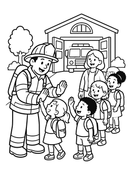 Free printable Firefighter High Five With School Kids coloring page