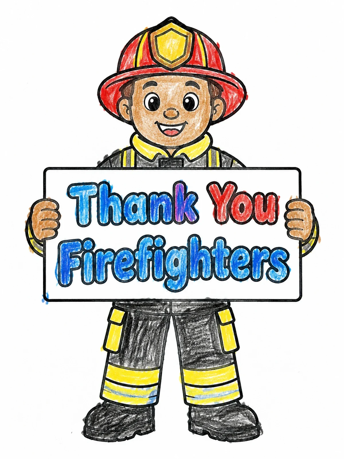 Colored example of the Smiling Firefighter Holding Appreciation Sign coloring page
