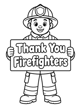 Free printable Smiling Firefighter Holding Appreciation Sign coloring page