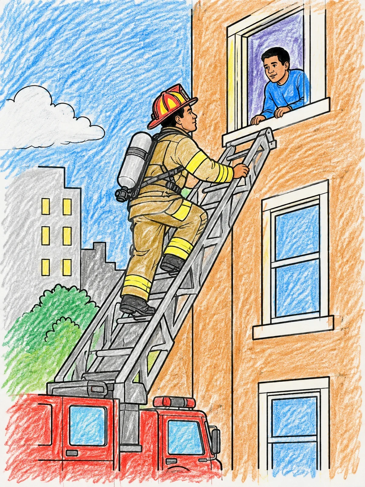 Colored example of the Firefighter Rescuing Boy Via Ladder coloring page