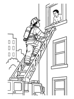 Free printable Firefighter Rescuing Boy Via Ladder coloring page