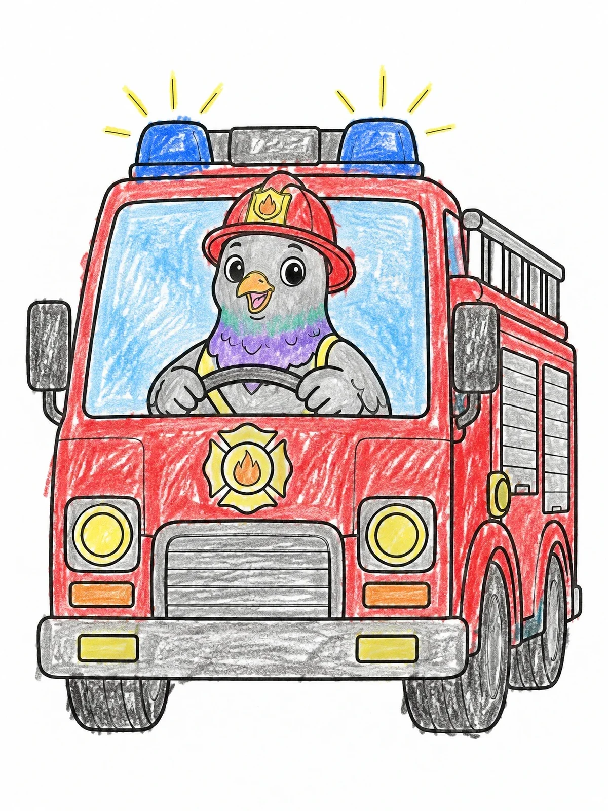 Colored example of the Firefighter Pigeon Driving A Fire Truck coloring page