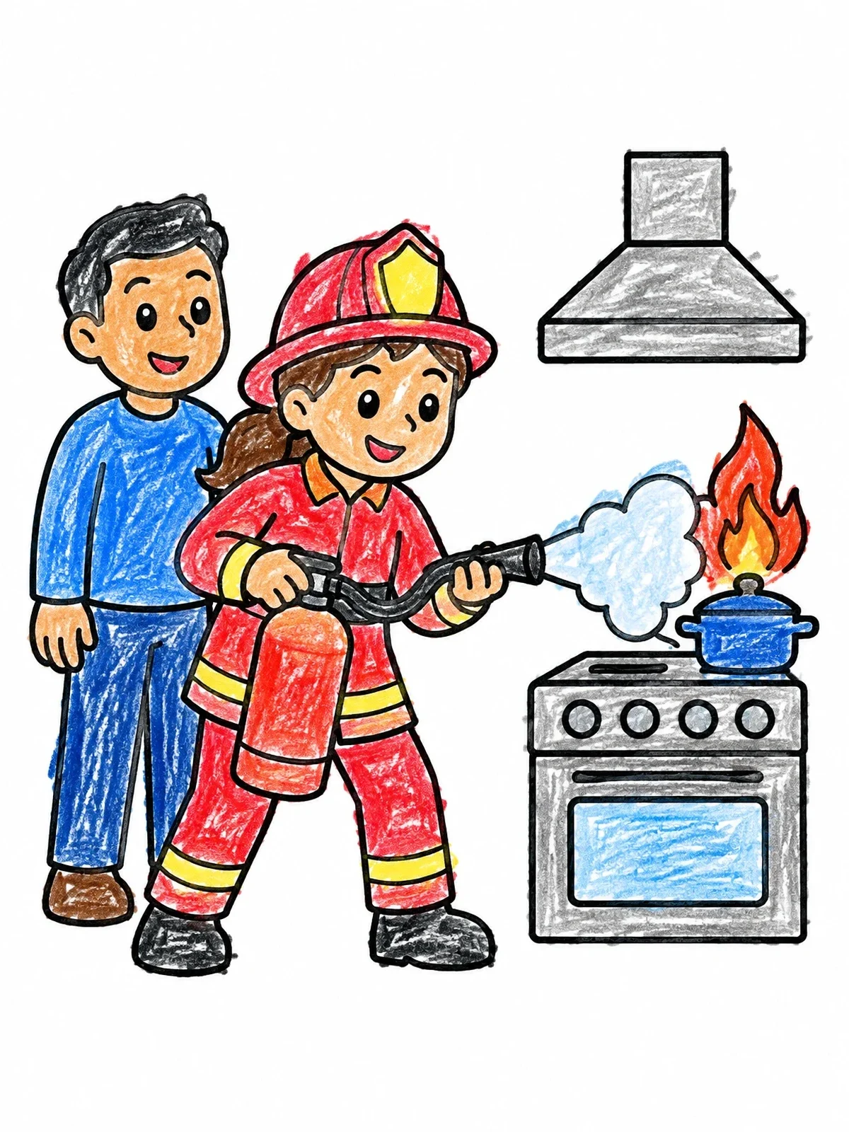 Colored example of the Firefighter Putting Out Kitchen Stove Fire coloring page
