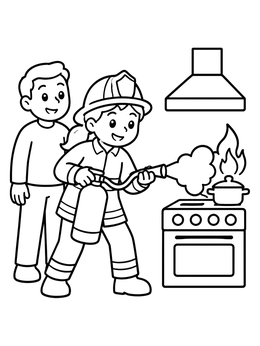 Free printable Firefighter Putting Out Kitchen Stove Fire coloring page