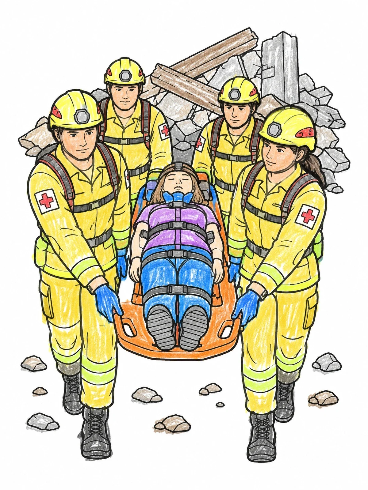 Colored example of the Rescue Crew Carrying Stretcher coloring page