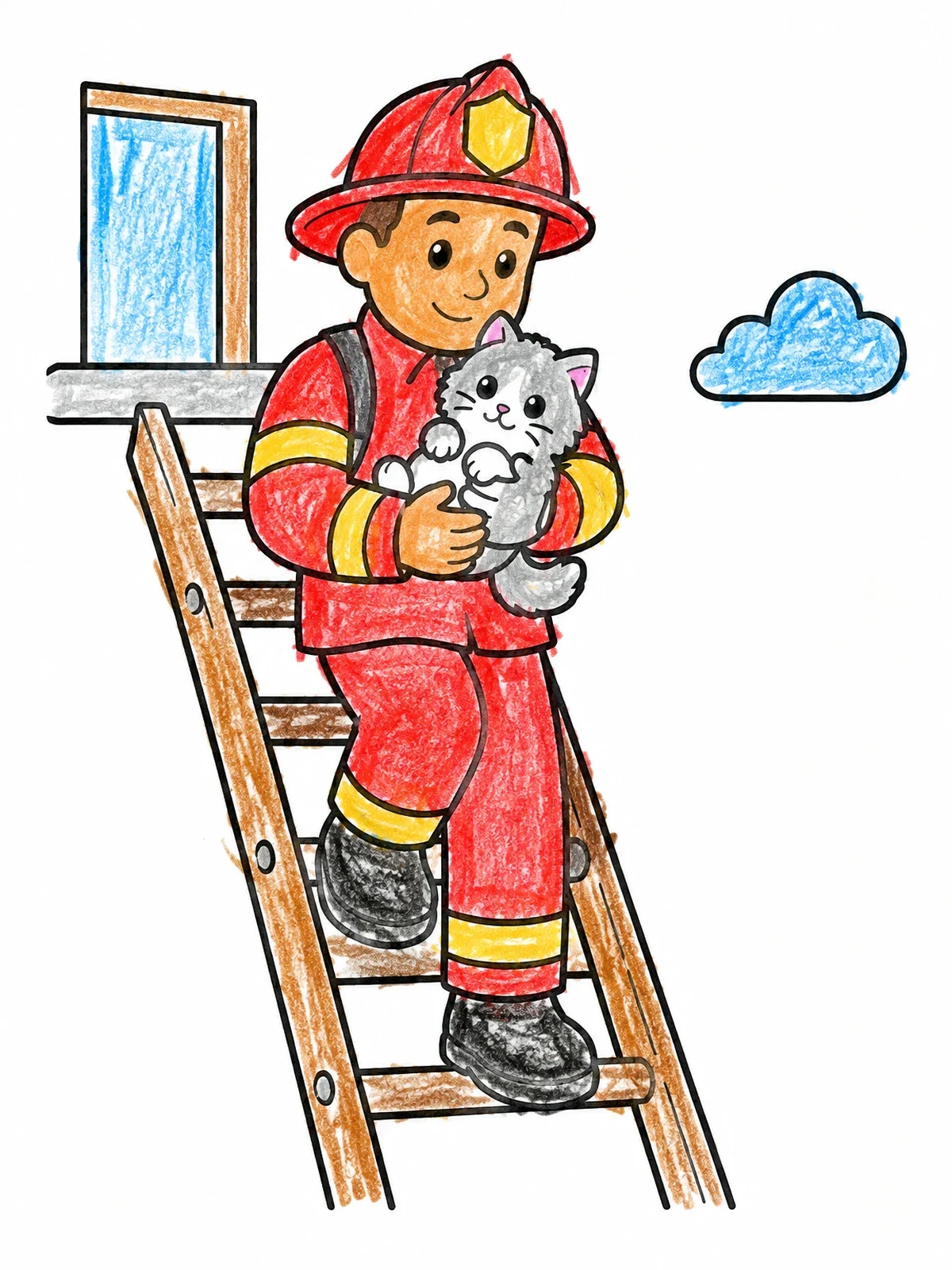 Colored example of the Firefighter Rescuing Kitten On Ladder coloring page