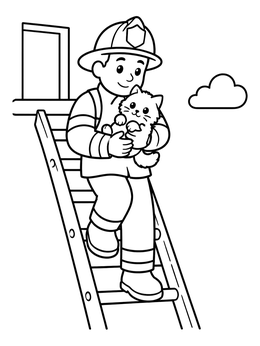 Free printable Firefighter Rescuing Kitten On Ladder coloring page