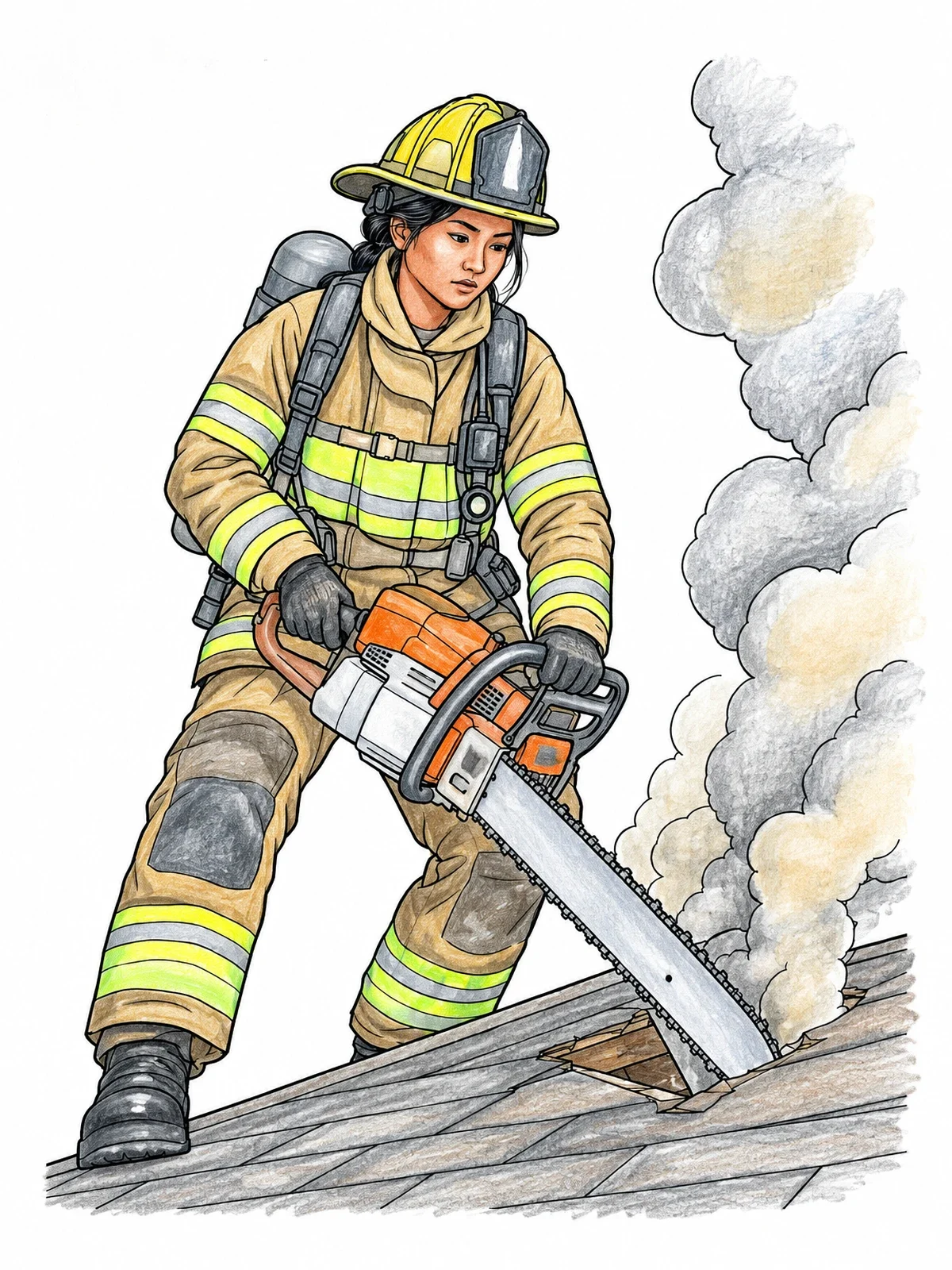 Colored example of the Firefighter Venting A Roof With Chainsaw coloring page
