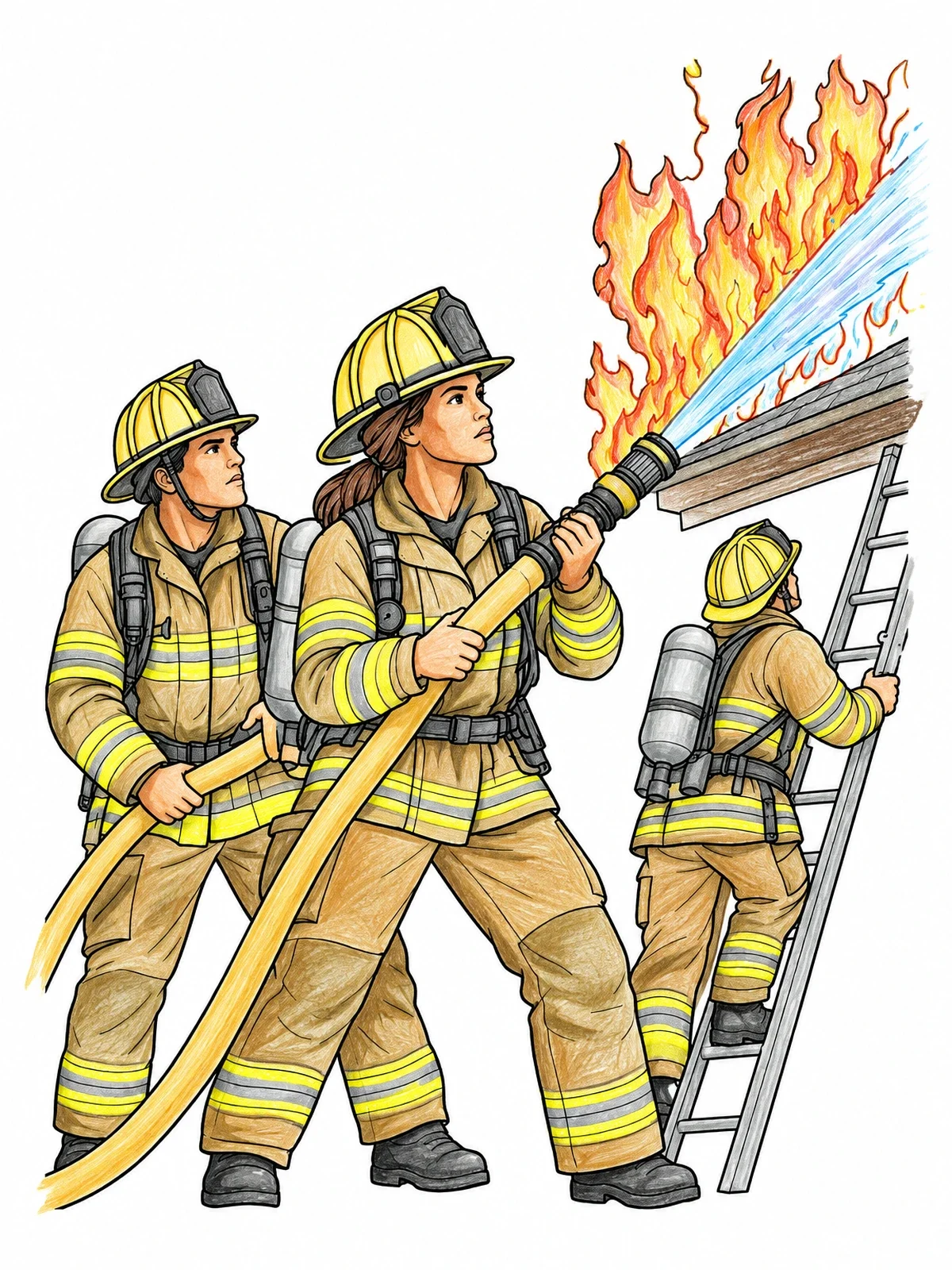 Colored example of the Firefighters Battling Roof Fire coloring page