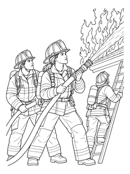 Free printable Firefighters Battling Roof Fire coloring page