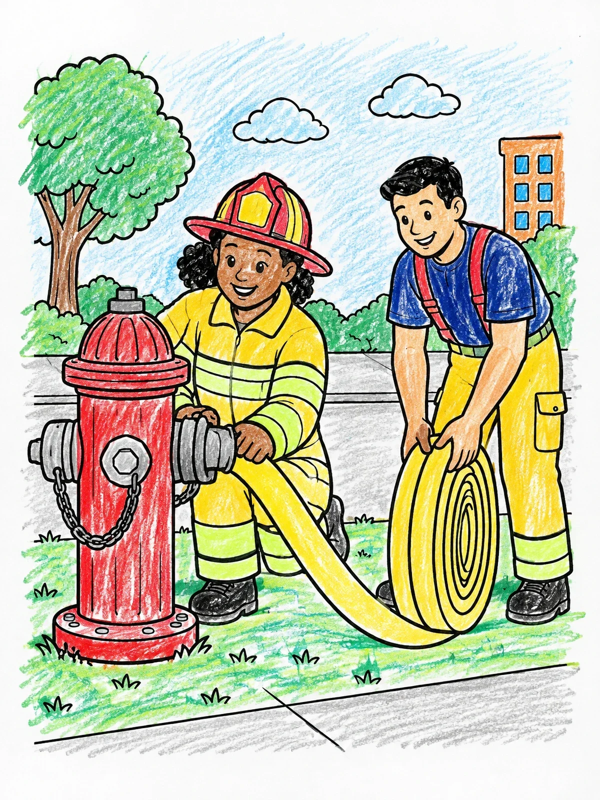 Colored example of the Firefighters Connecting Fire Hydrant Hose coloring page