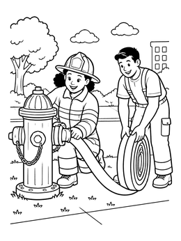 Free printable Firefighters Connecting Fire Hydrant Hose coloring page