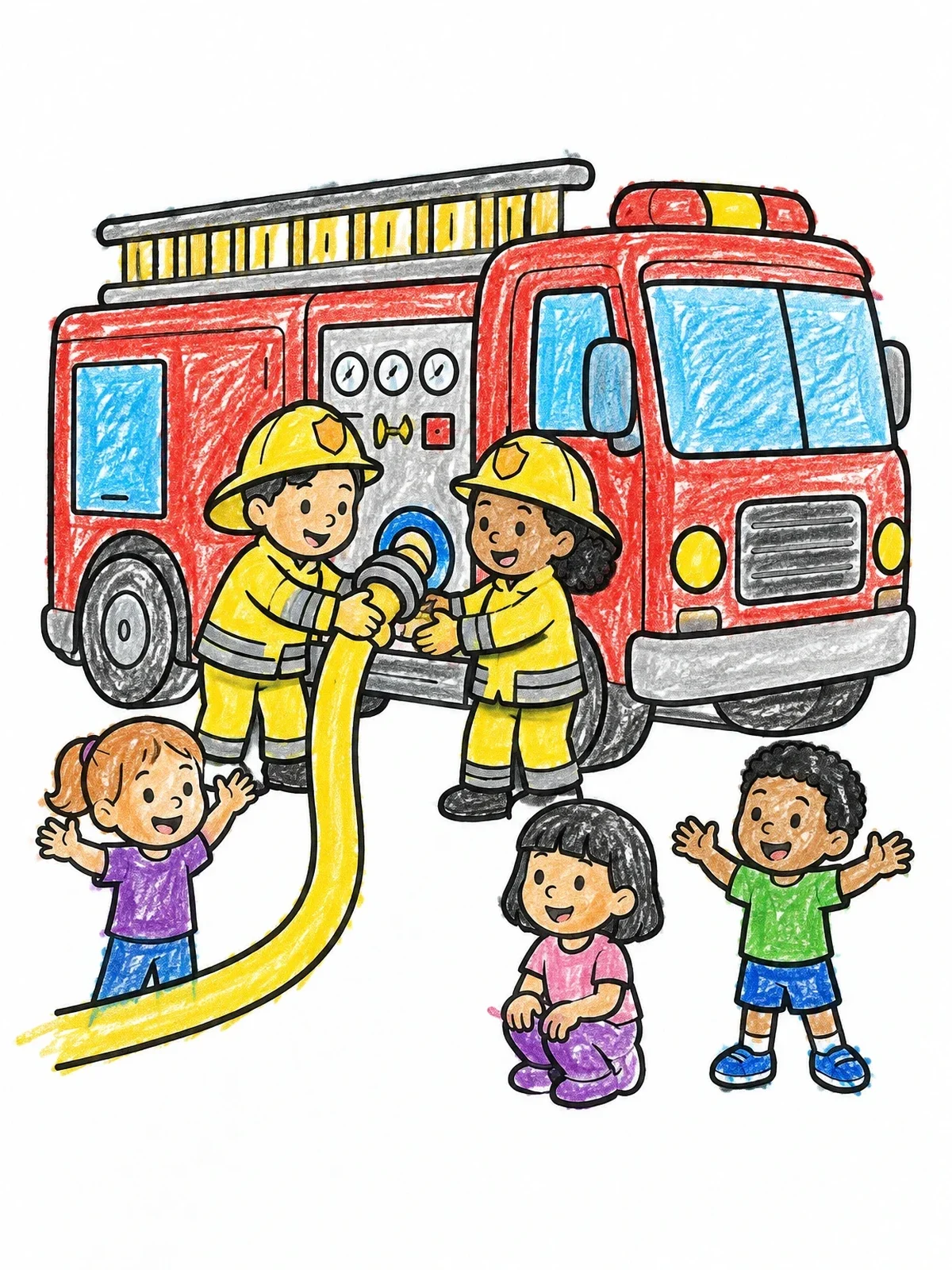 Colored example of the Firefighters Connecting Hose To Engine coloring page