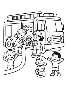 Kids watch firefighters connect a hose in this fire truck coloring page.