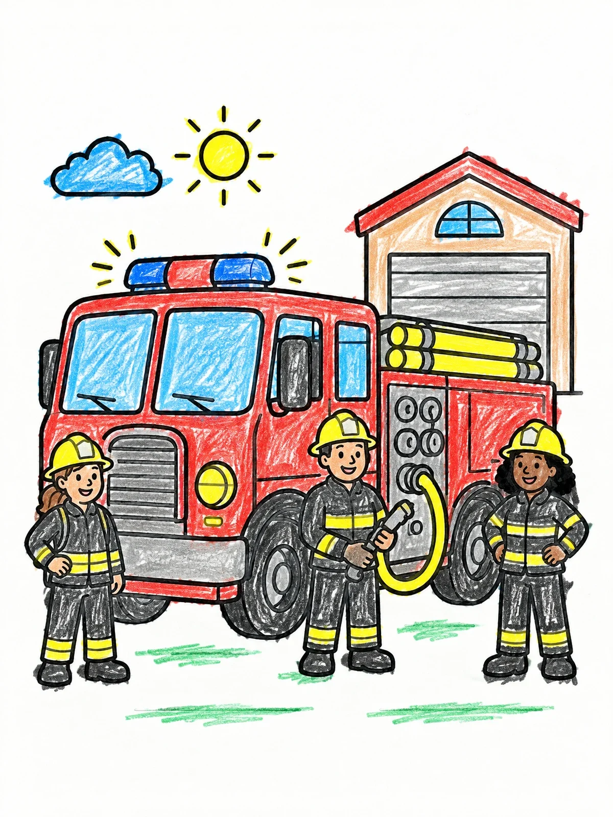 Colored example of the Firefighters Standing By Their Fire Truck coloring page