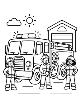Free printable Firefighters Standing By Their Fire Truck coloring page