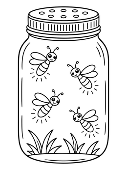 Cute fireflies fly inside a jar on this mason jar coloring page.