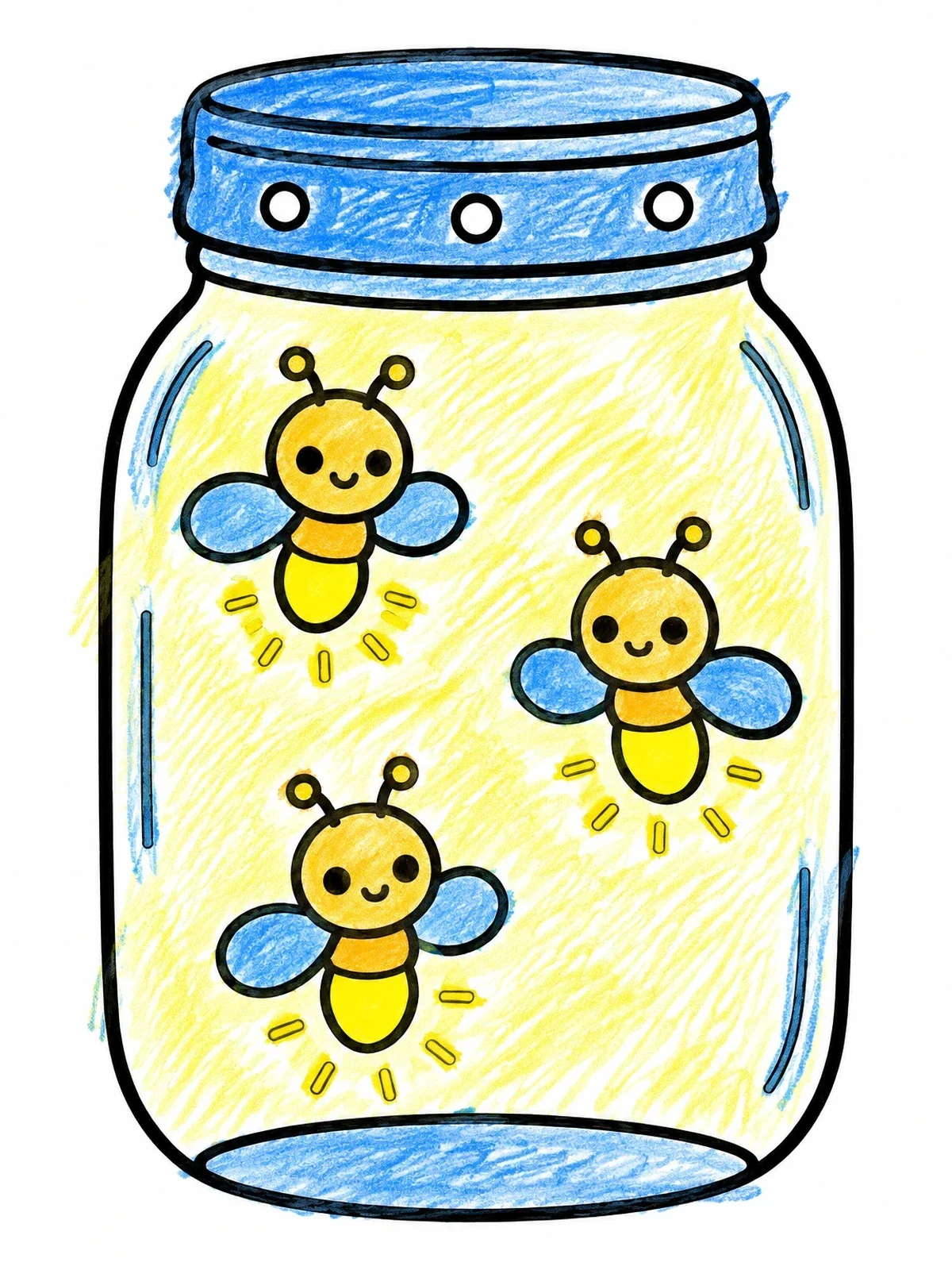 Colored example of the Cute Fireflies In A Mason Jar coloring page