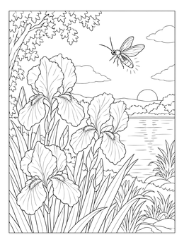 A firefly flies near blooming irises by a lake in this tennessee coloring page.