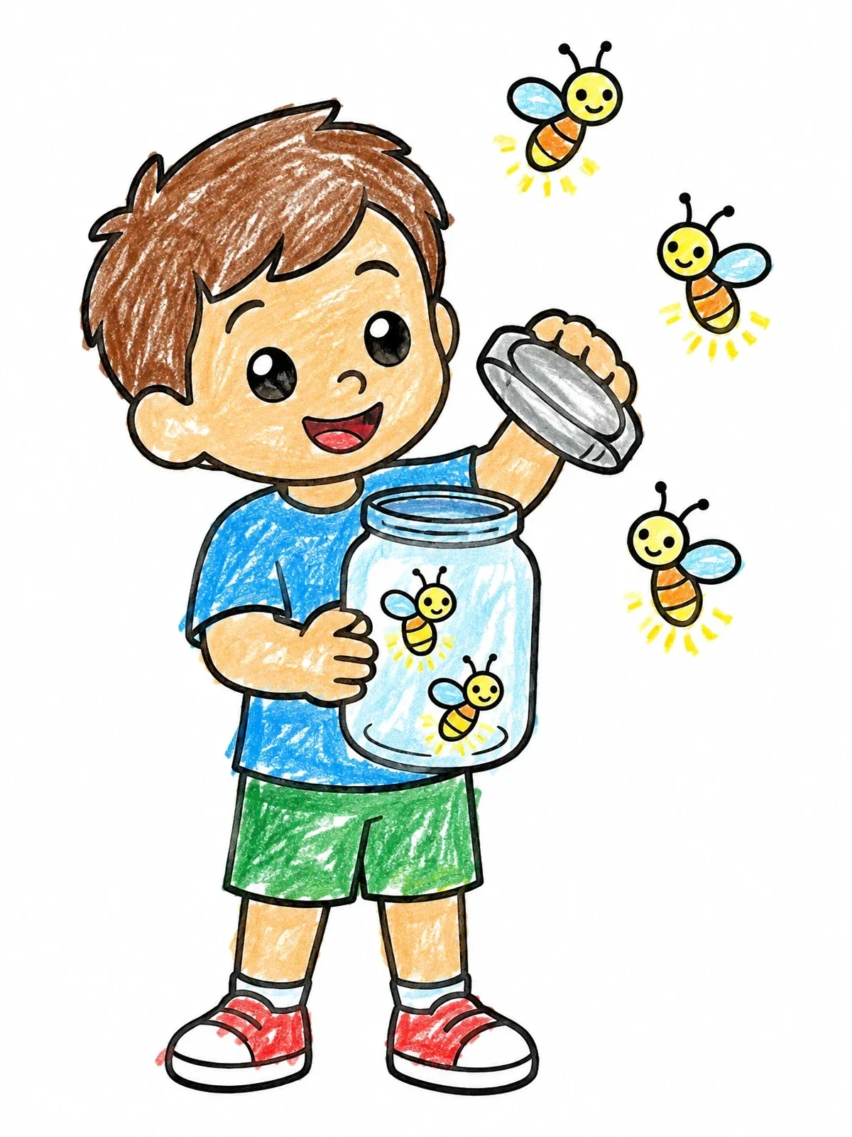 Colored example of the Boy Releasing Fireflies From A Jar coloring page