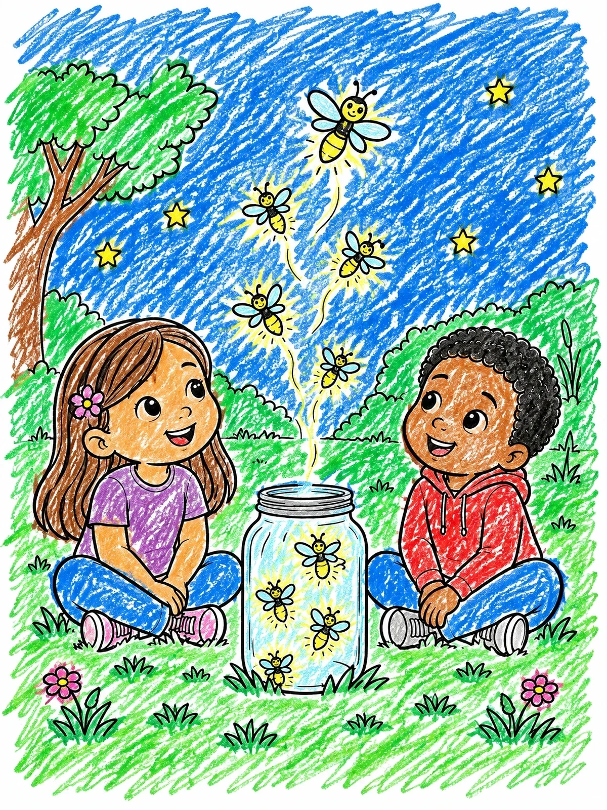Colored example of the Children Watching Fireflies Escape A Jar coloring page
