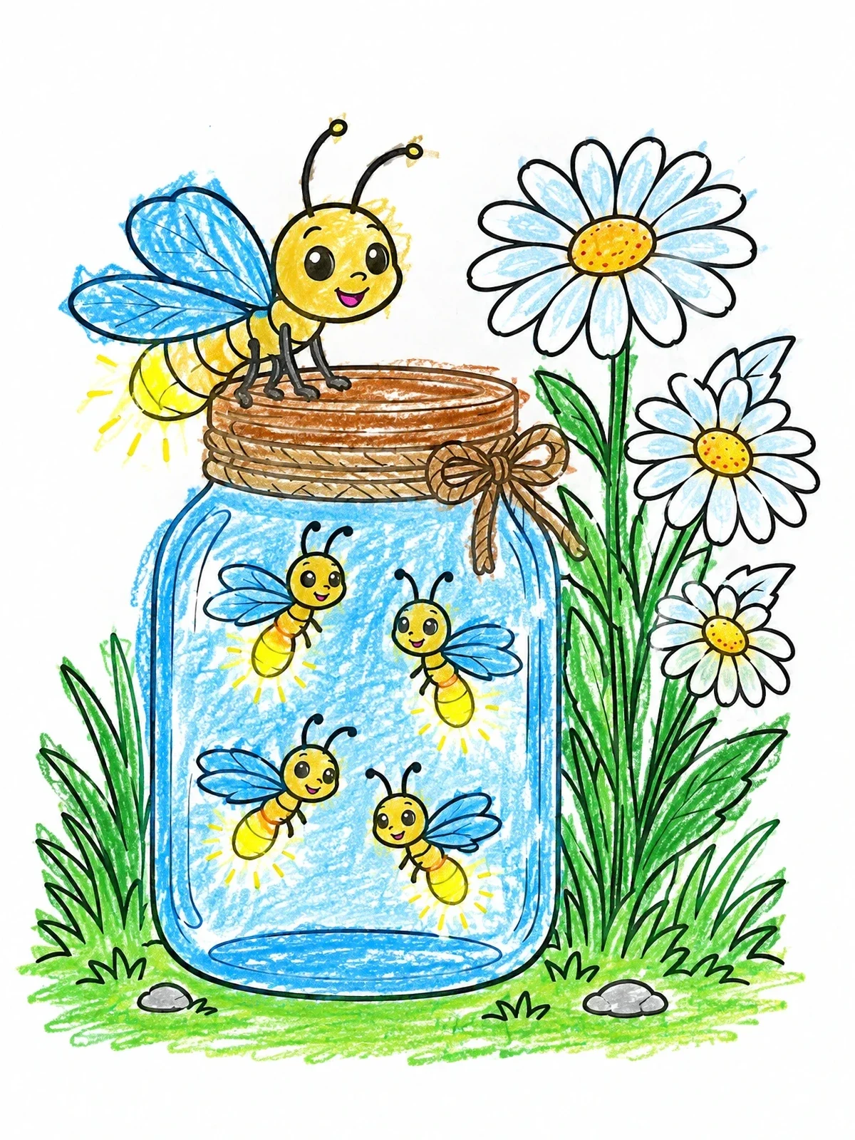 Colored example of the Cute Fireflies Around A Jar coloring page