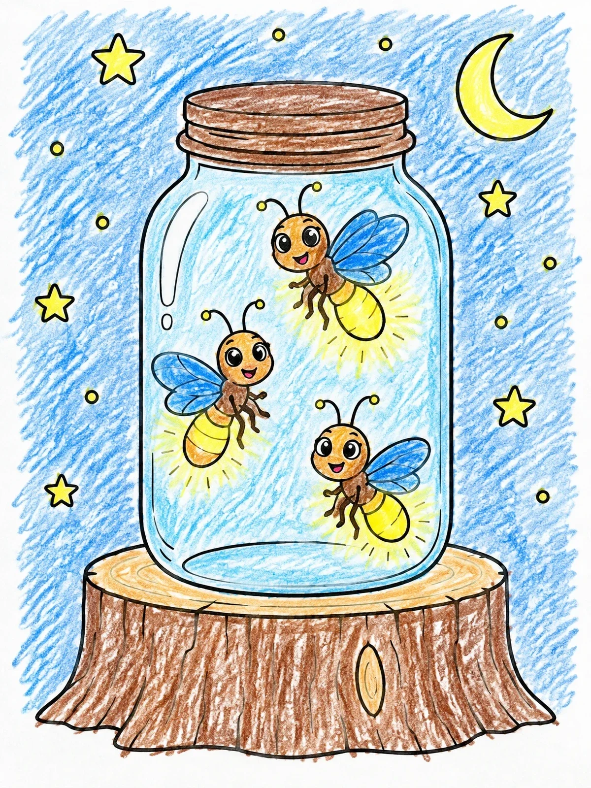 Colored example of the Cute Fireflies Glowing In A Mason Jar coloring page