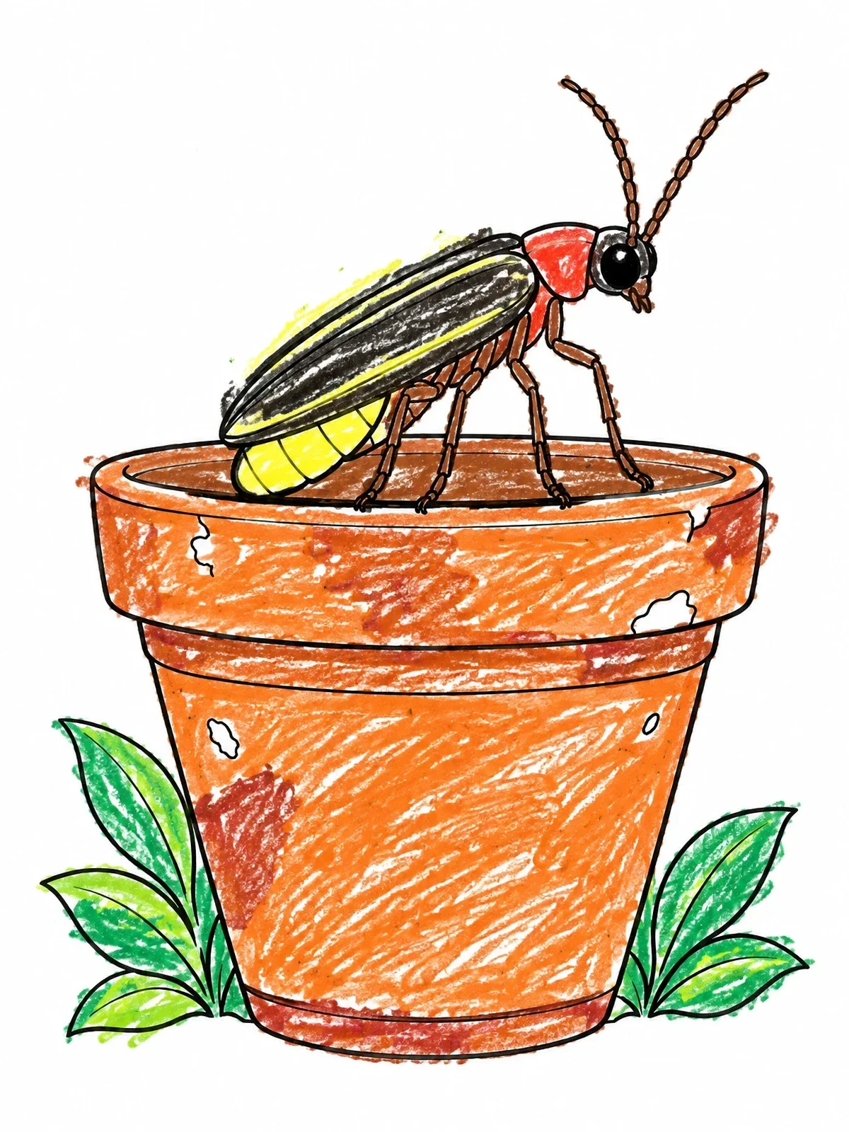 Colored example of the Firefly On A Flowerpot Rim coloring page