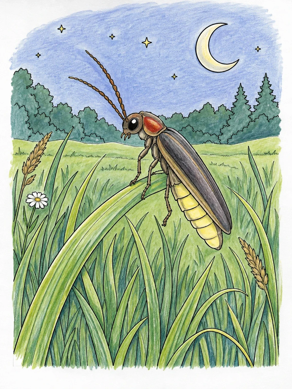 Colored example of the Firefly On Grass Under Crescent Moon coloring page