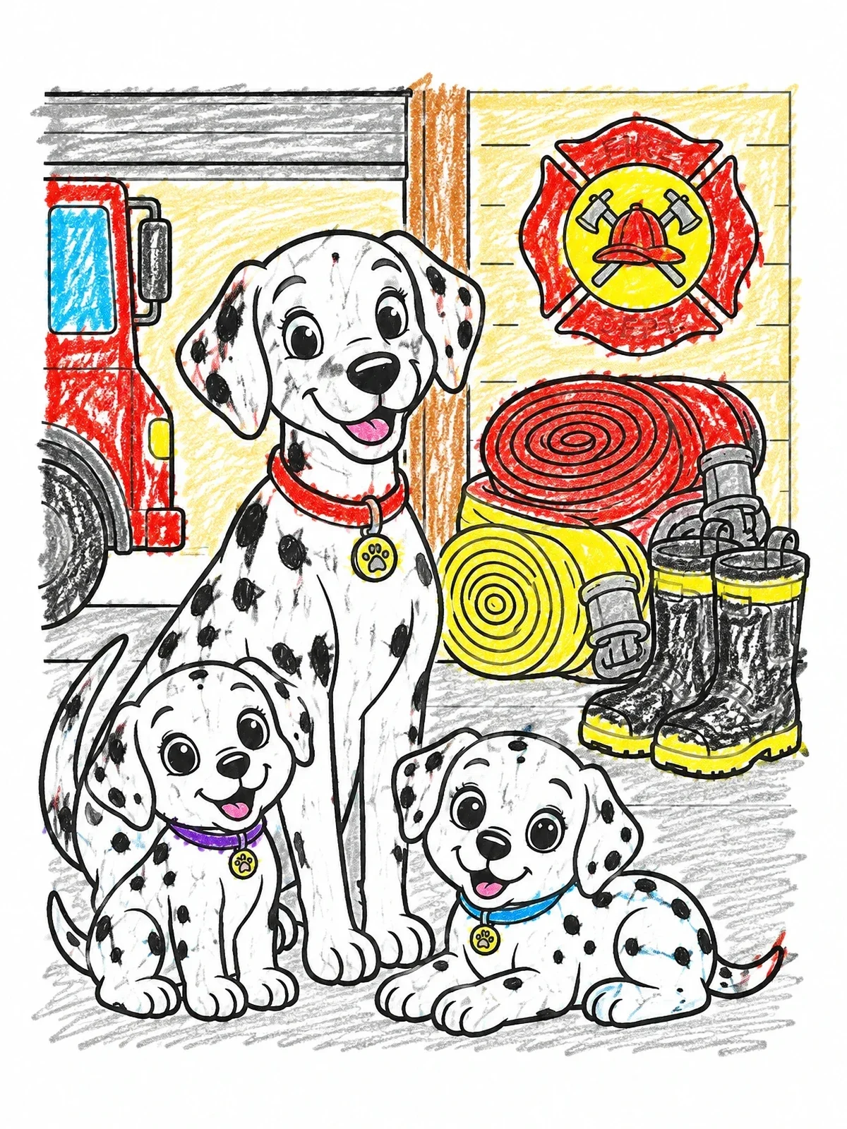 Colored example of the Dalmatian Family At Fire Station coloring page