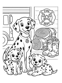 A friendly mother dog and puppies sit together in this dalmatian coloring page at the firehouse.