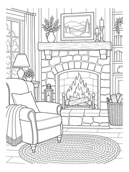 A detailed fireplace coloring page showing a cozy living room with an armchair and rug.