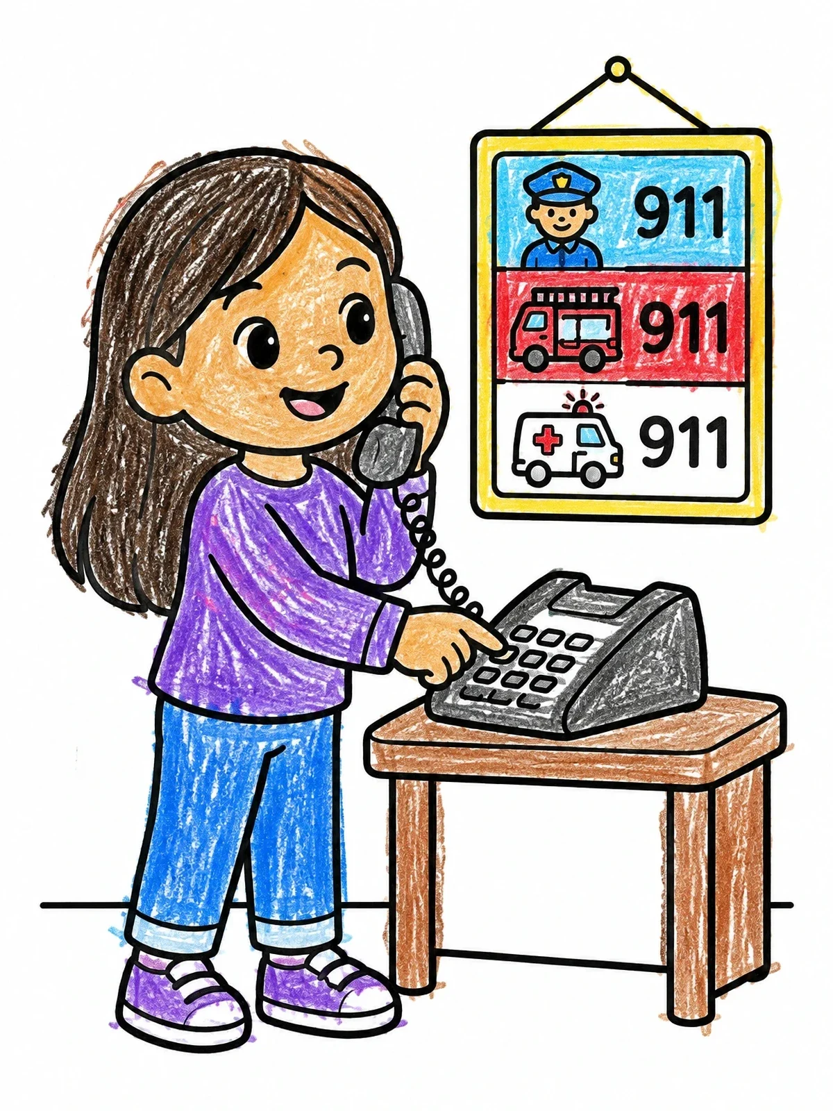Colored example of the Child Calling Emergency Services coloring page