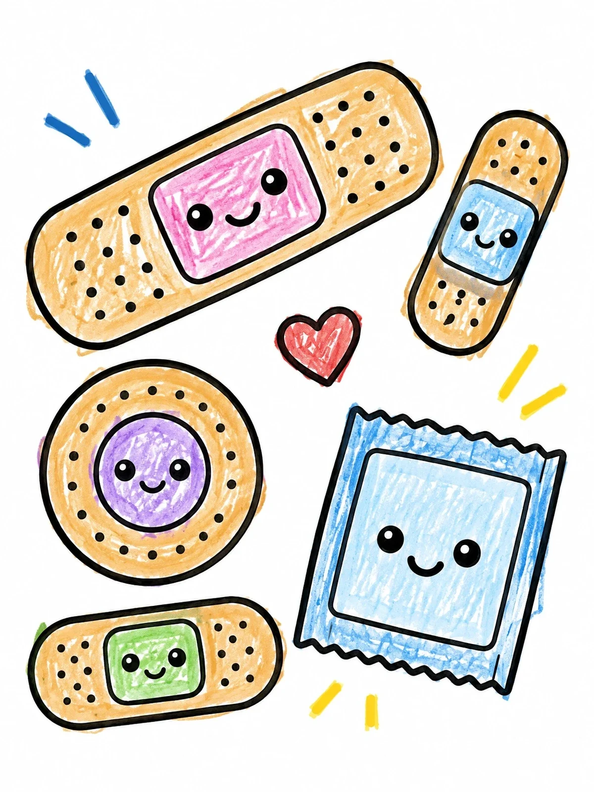 Colored example of the Cute Bandages And Antiseptic Wipe coloring page