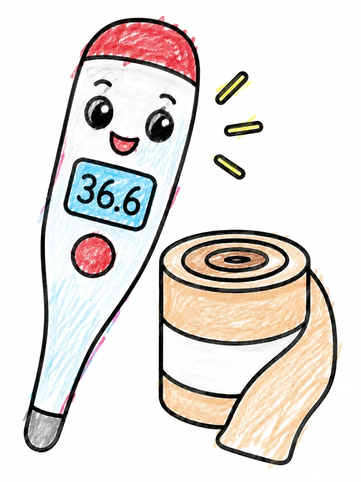 Colored example of the Cute Digital Thermometer And Bandage coloring page