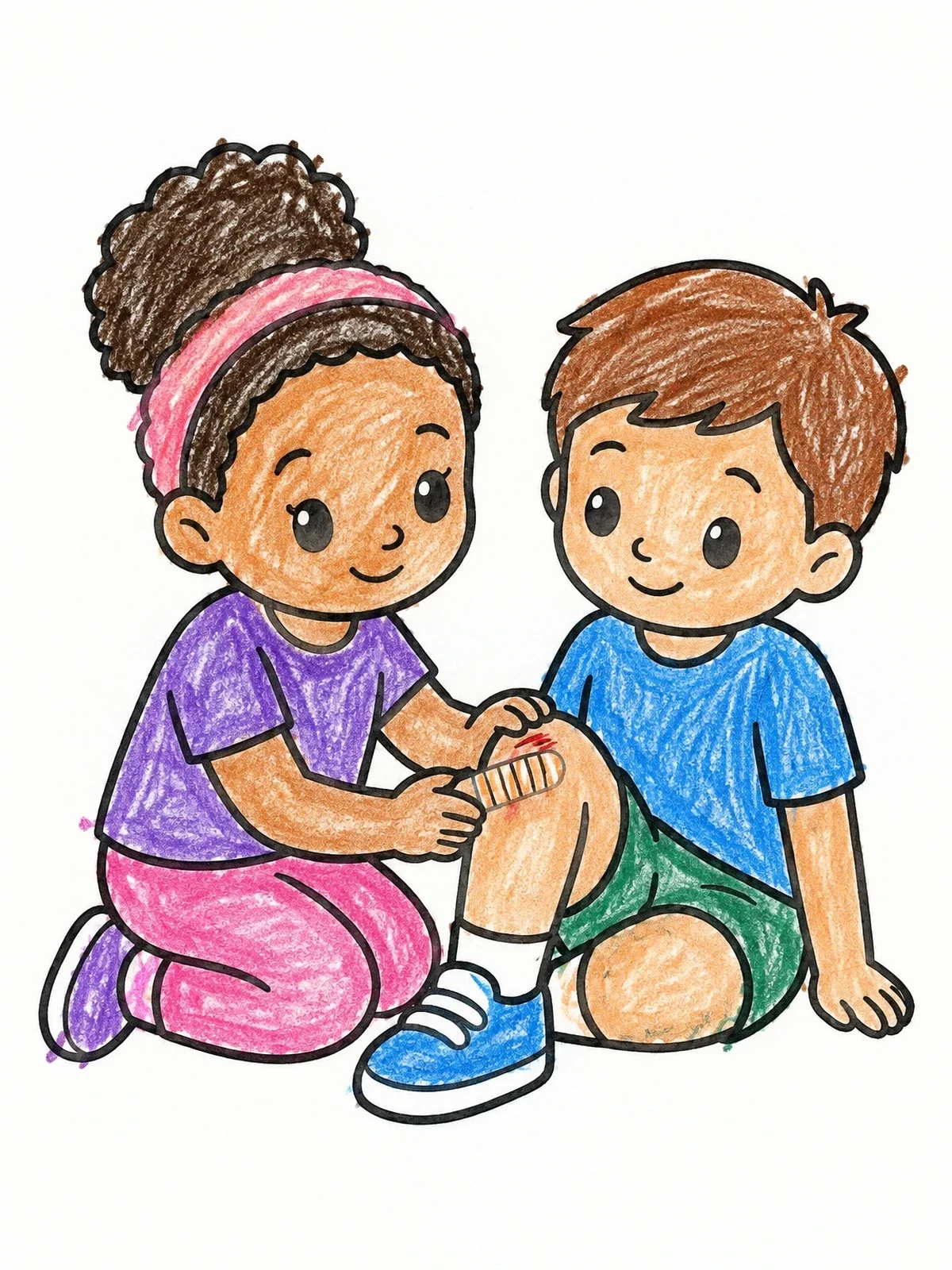 Colored example of the Girl Applying Bandage To Knee coloring page