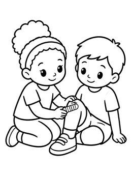 Free printable Girl Applying Bandage To Knee coloring page