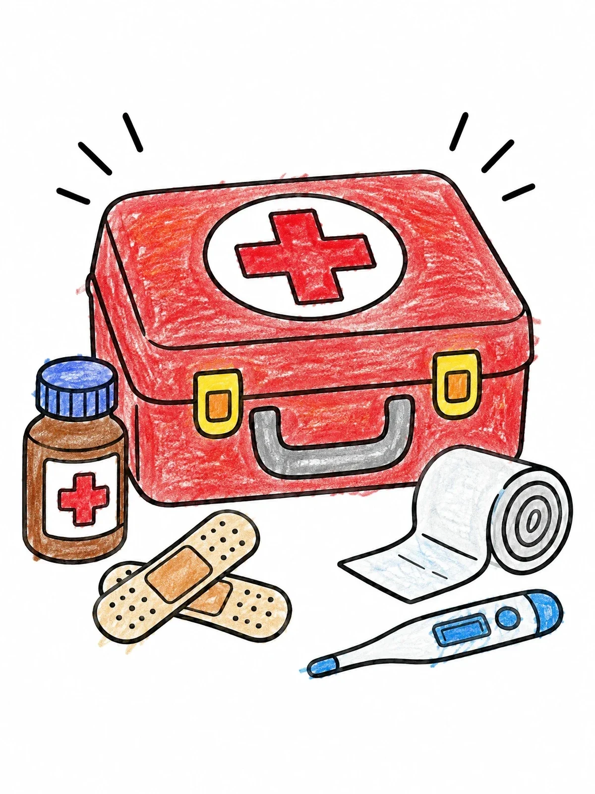 Colored example of the First Aid Kit With Medical Supplies coloring page