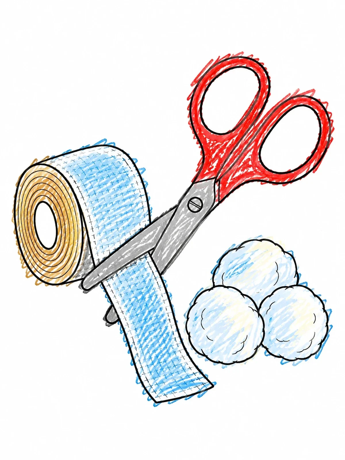 Colored example of the Medical Scissors, Bandage Tape, And Cotton coloring page