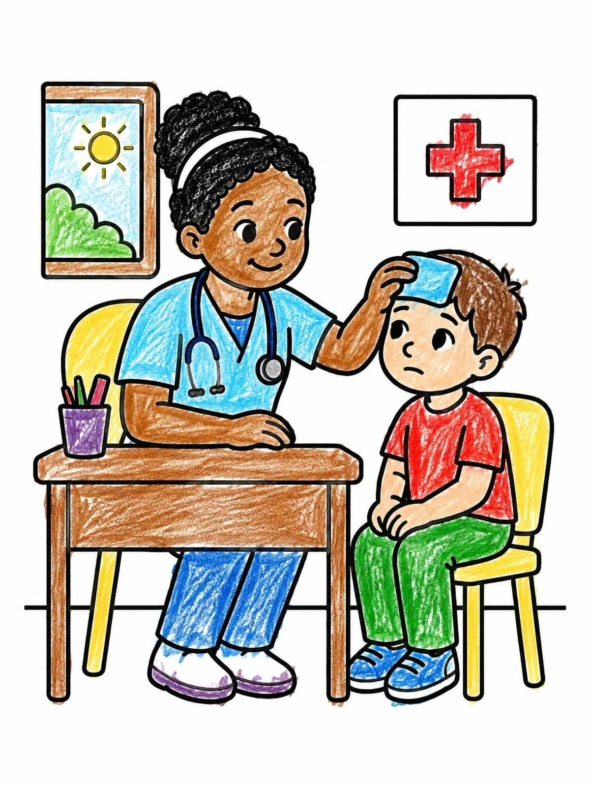 Colored example of the School Nurse Helping A Student coloring page