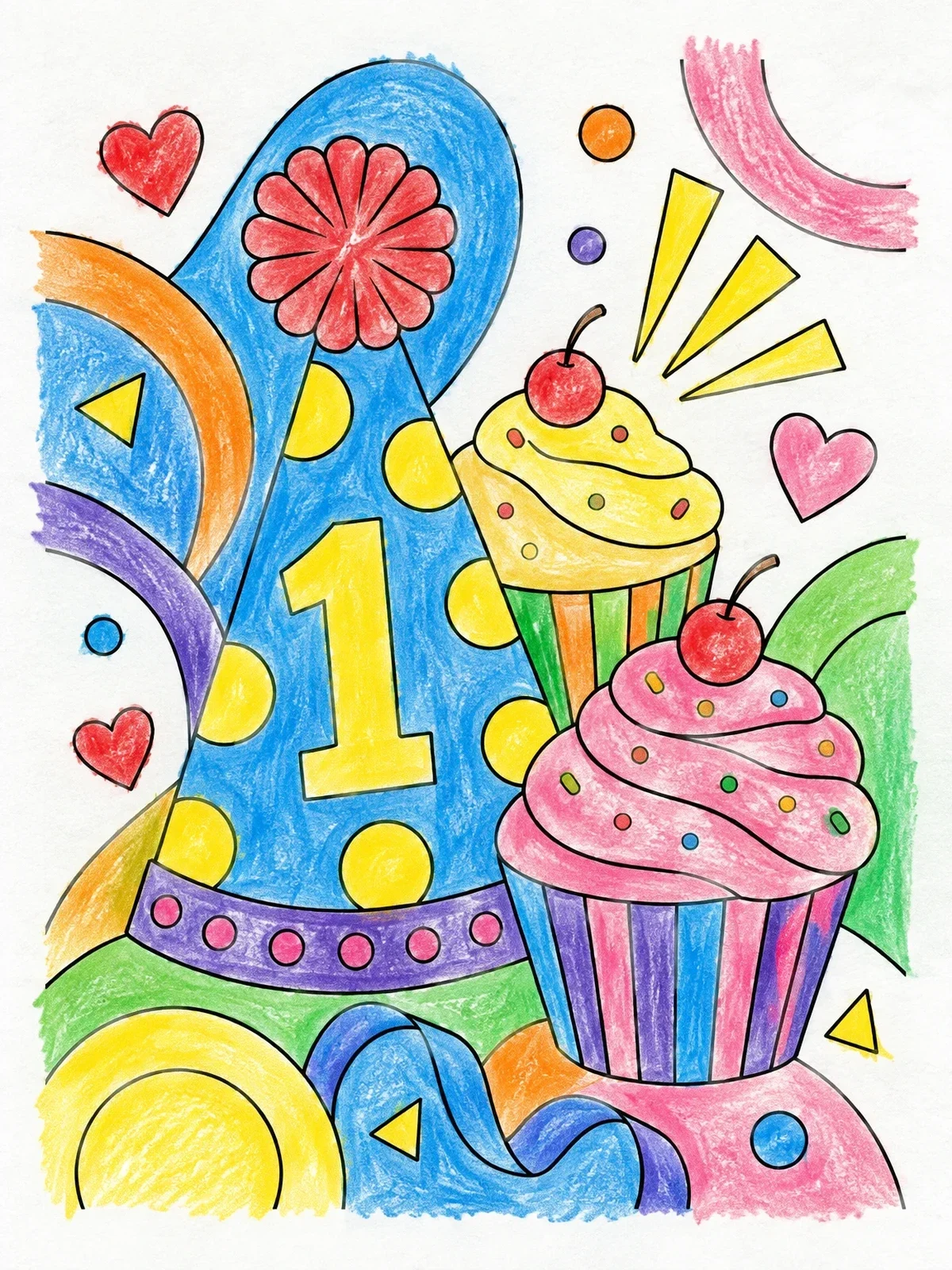 Colored example of the First Birthday Party Hat And Cupcakes coloring page