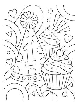 First Birthday Party Hat and Cupcakes coloring page