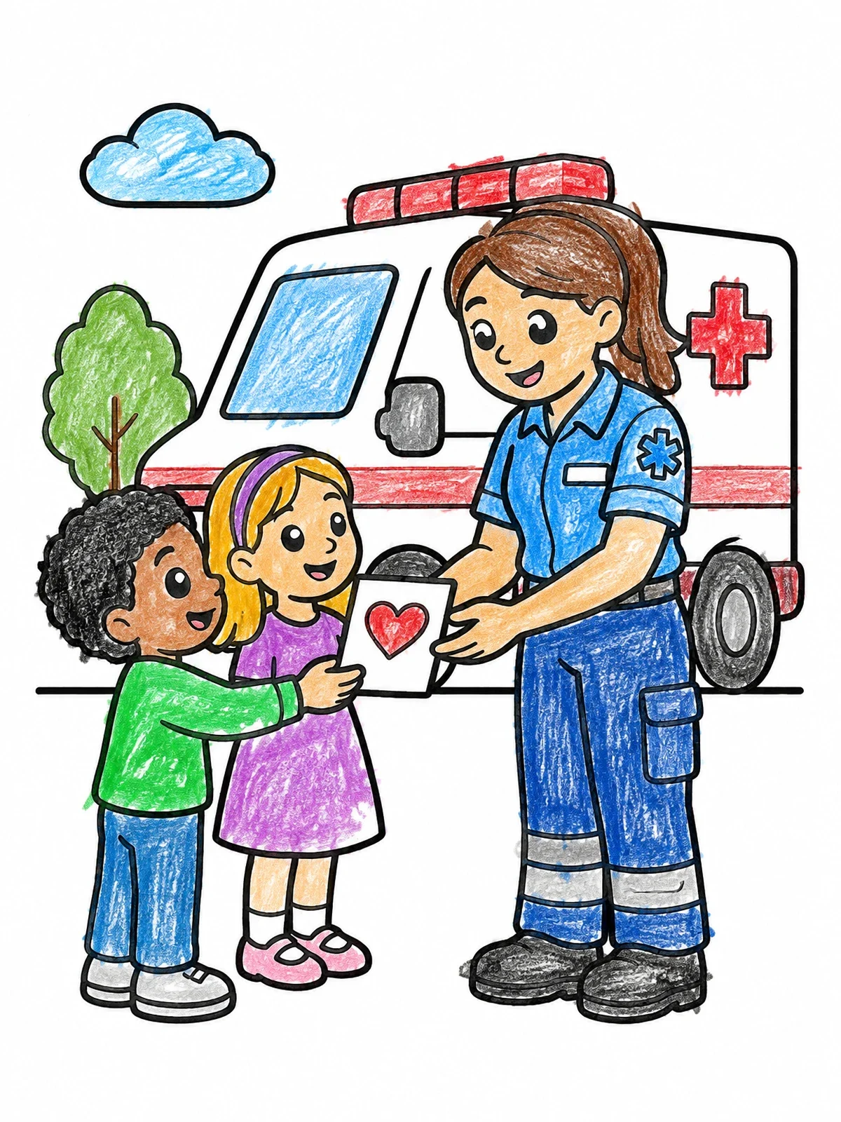 Colored example of the Children Giving Thank You Card To Paramedic coloring page