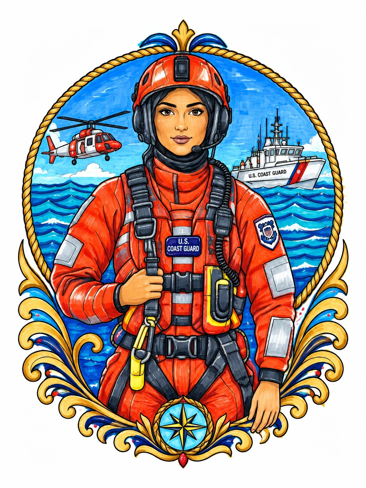 Colored example of the Coast Guard Rescue Swimmer Portrait coloring page