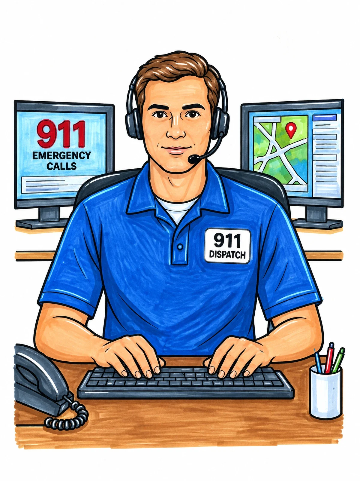 Colored example of the Emergency Dispatcher At Call Center Desk coloring page
