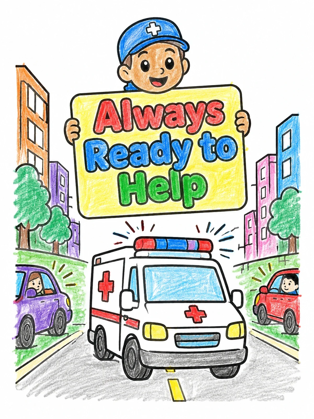 Colored example of the Ambulance Rushing Through City Traffic coloring page