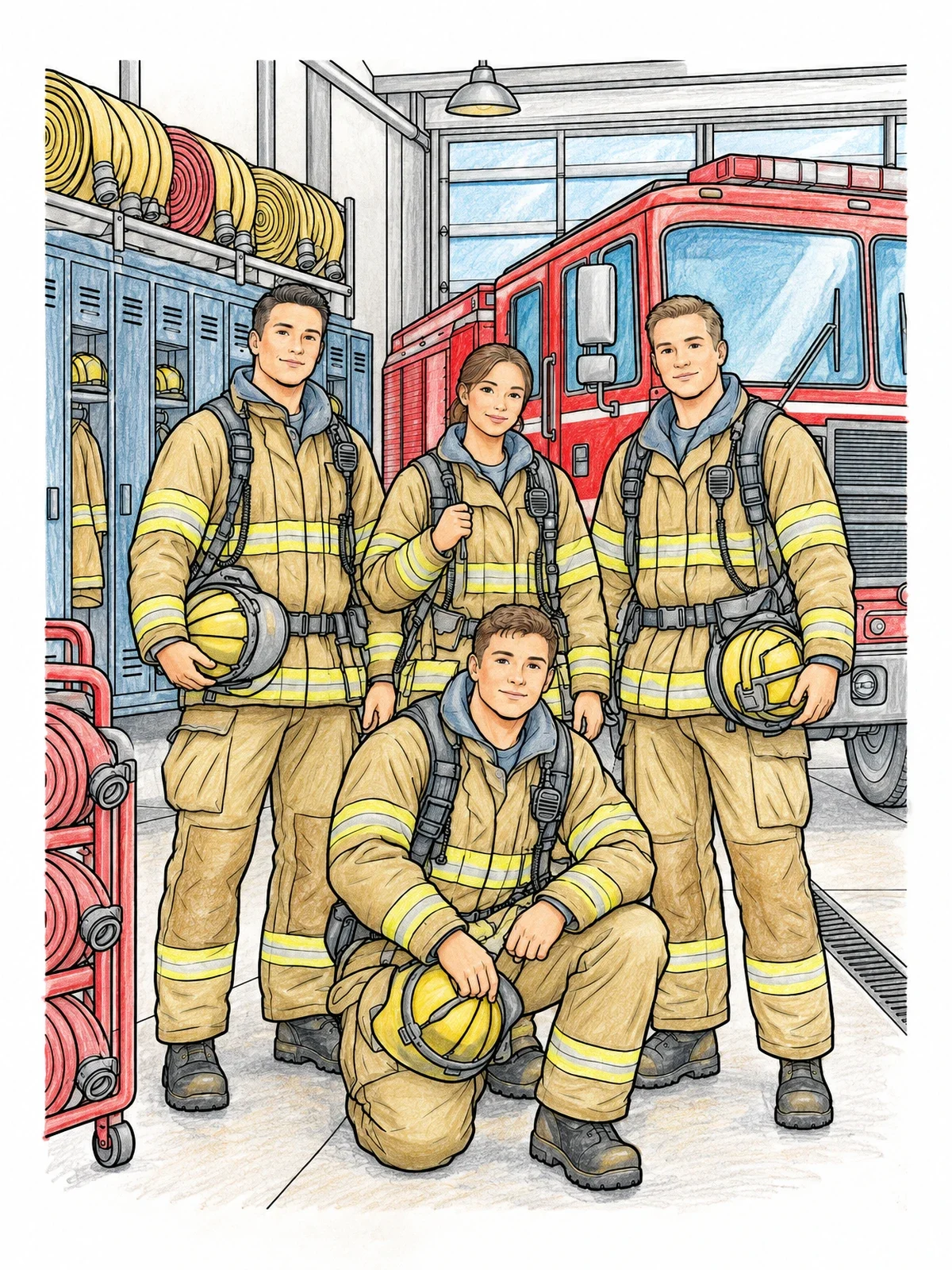 Colored example of the Firefighter Crew In The Fire Station coloring page