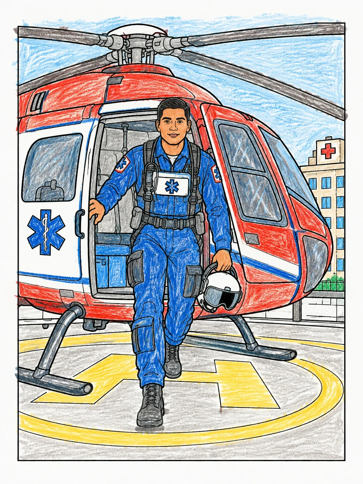 Colored example of the Flight Paramedic At Rescue Helicopter coloring page